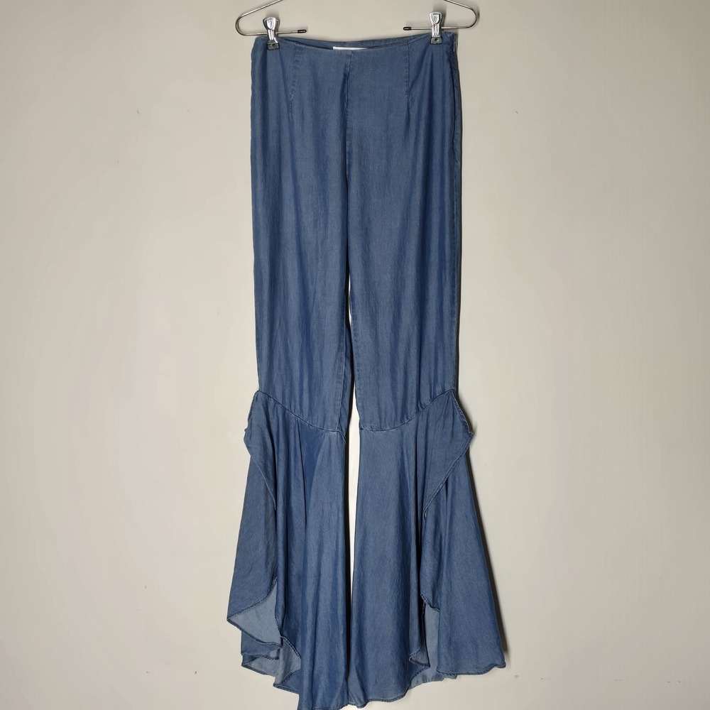 DO + BE Womens Chambray  Flared Pants High Waist Wide Leg Bohemian Feminine M
